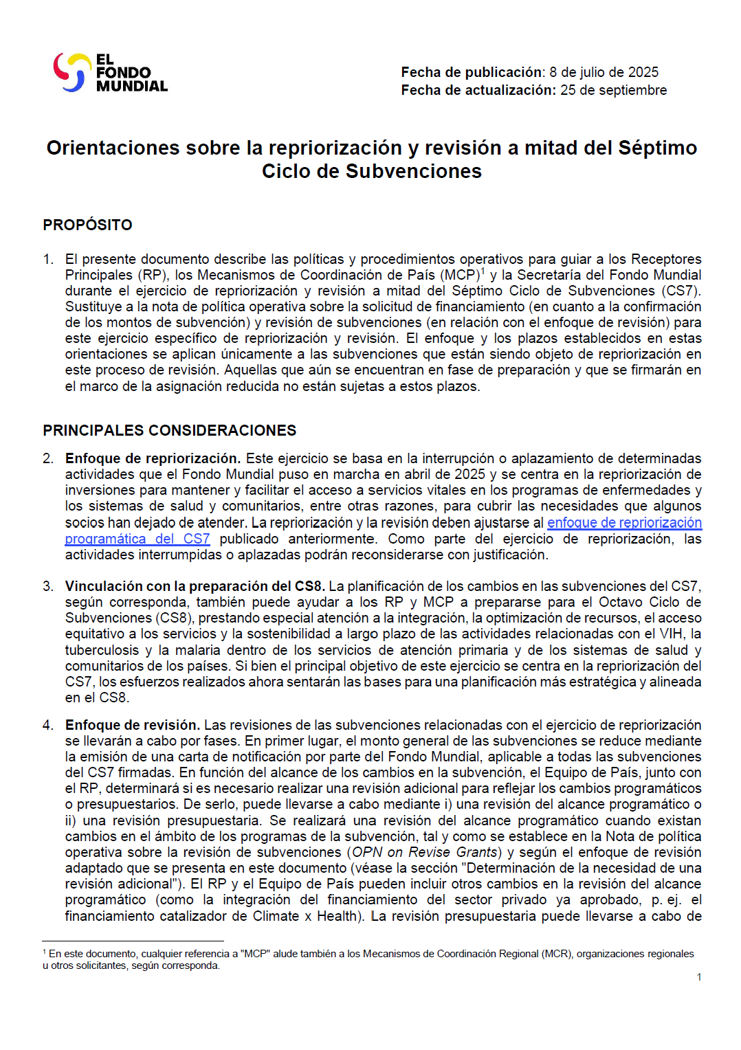 Orientaciones sobre la repriorización y revisión a mitad del Séptimo Ciclo de Subvenciones